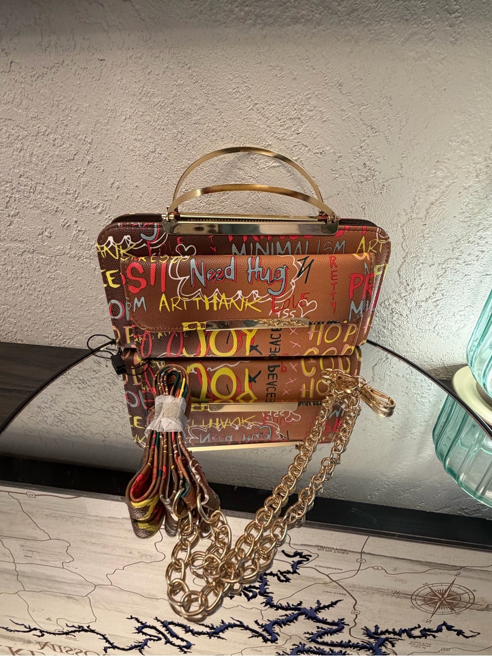 New Multicolor Graffiti Print Top-Handle Bag with Gold Chain Strap